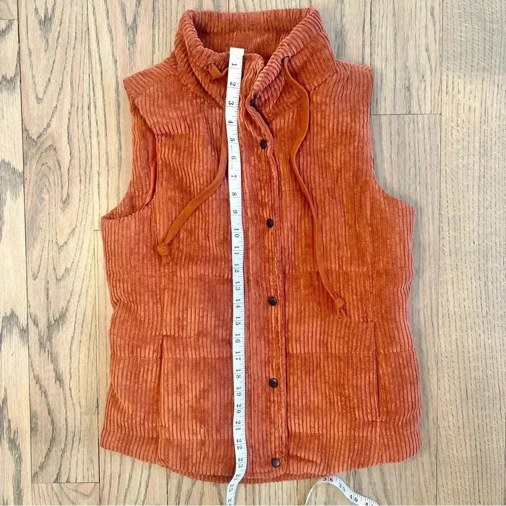 Staccato On the Go Corduroy Dark Orange Puffer Vest Zip Snap Front Size Small - Picture 11 of 13